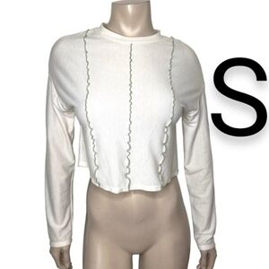 🆕White Thermal Green Mint Stitch Long Sleeve Blouse~Size S